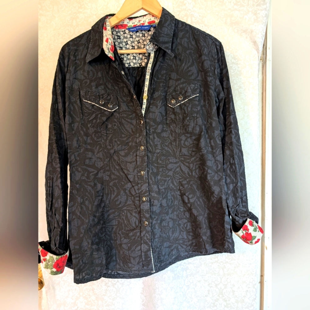 Georg Roth Black w Floral Accents Snap‎ Button Front Shirt Sz. XL